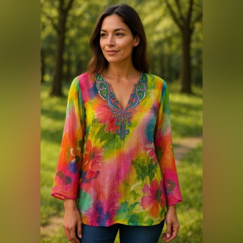 Chaudry KC Multi Watercolor Sheer Sequin Beaded Top Tunic Boho NWT S #1085